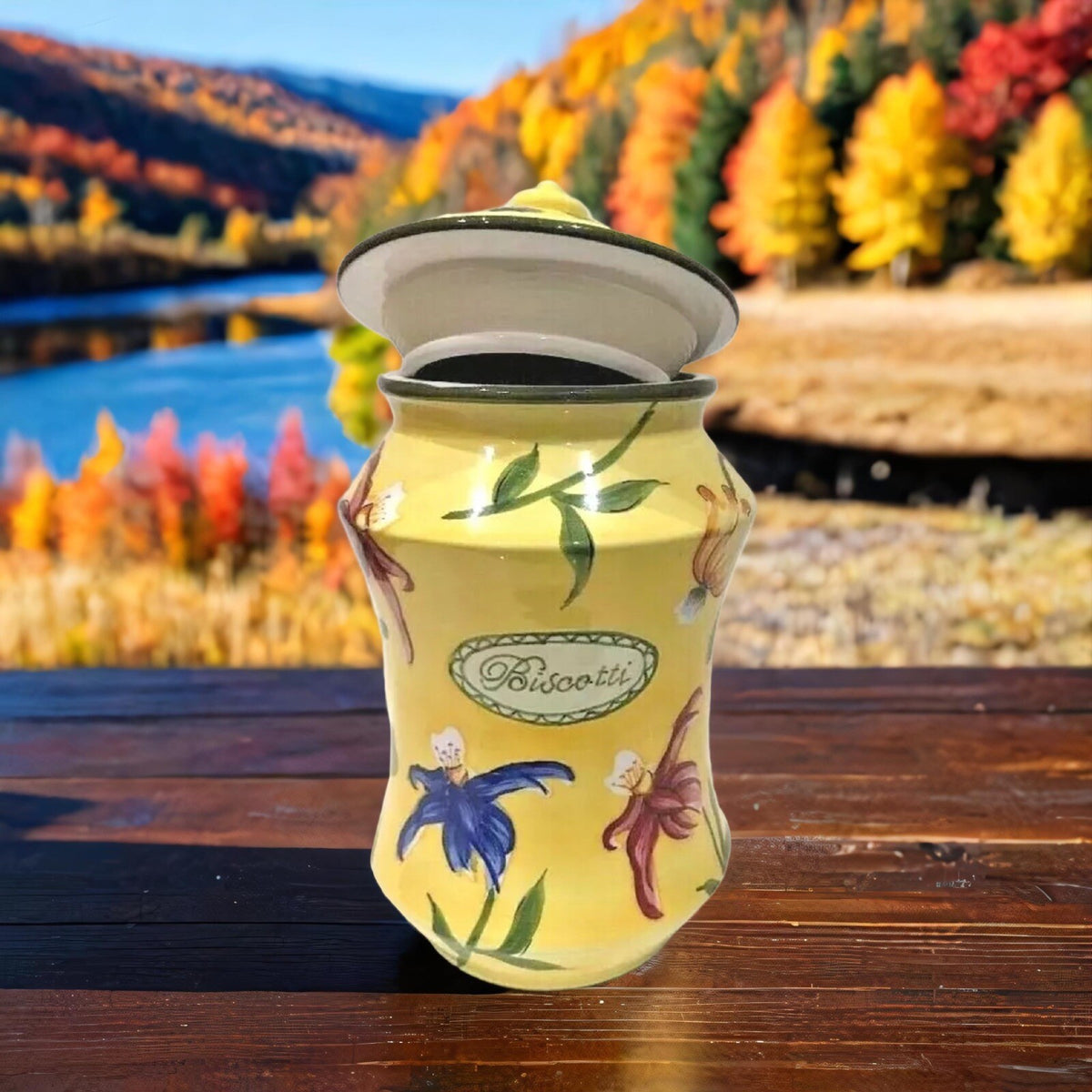 Nonni's Biscotti Cookie Jar & Lid Handmade Ceramic Floral Yellow Canister 12.5"H