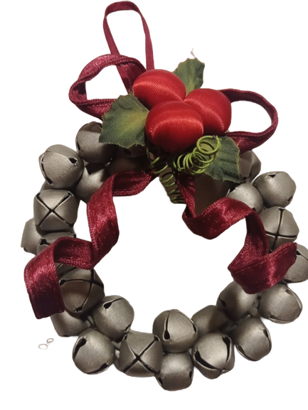 Christmas Hanging Silver Metal Jingle Bell Ornament Wreath Holly & Ribbon 4”