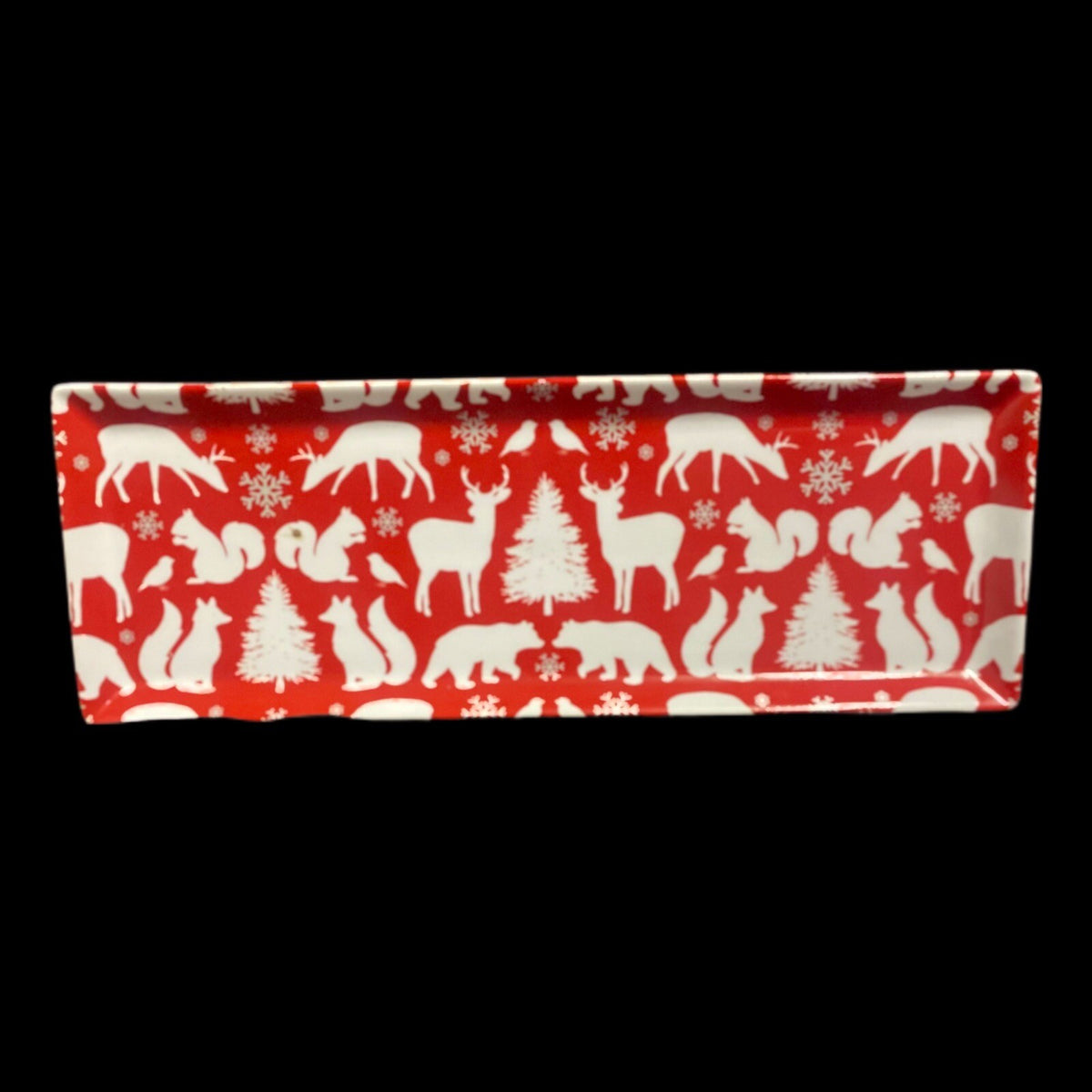 FOOD NETWORK Red Serving Tray Reindeer Bear Tree Ceramic Winter Cheese Cookies