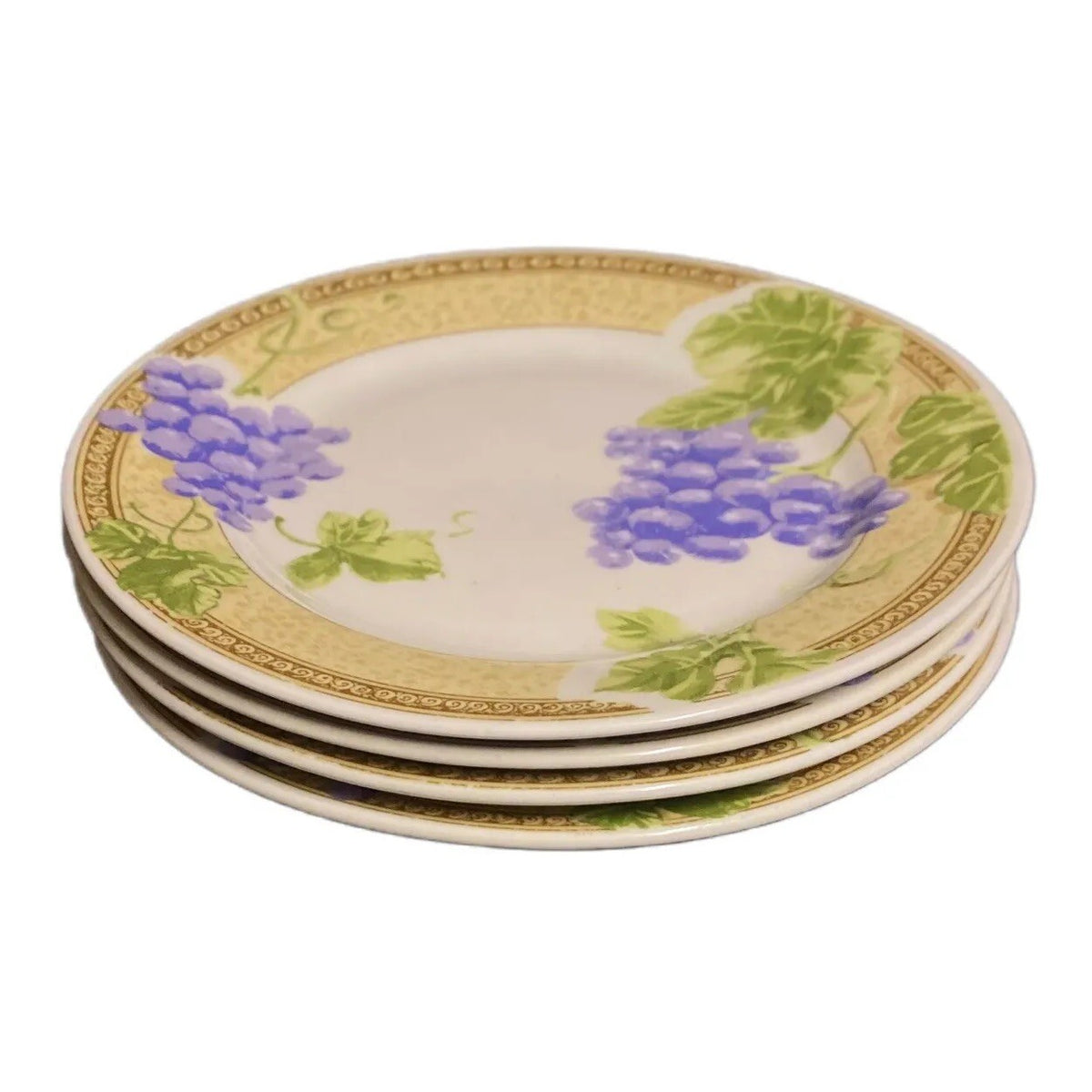 Gibson Designs FRUIT GROVE 4-Salad Plates Dessert Dish Grapes Leaves