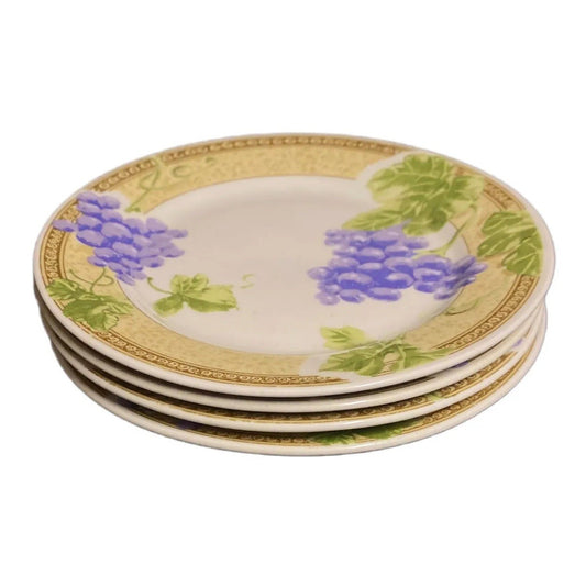 Gibson Designs FRUIT GROVE 4-Salad Plates Dessert Dish Grapes Leaves