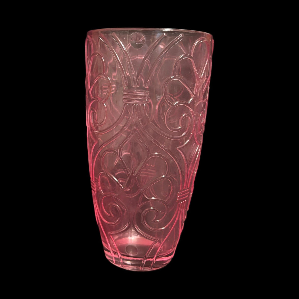 PINK VASE Tall Glass Intricate Molded Designs Pressed Glass