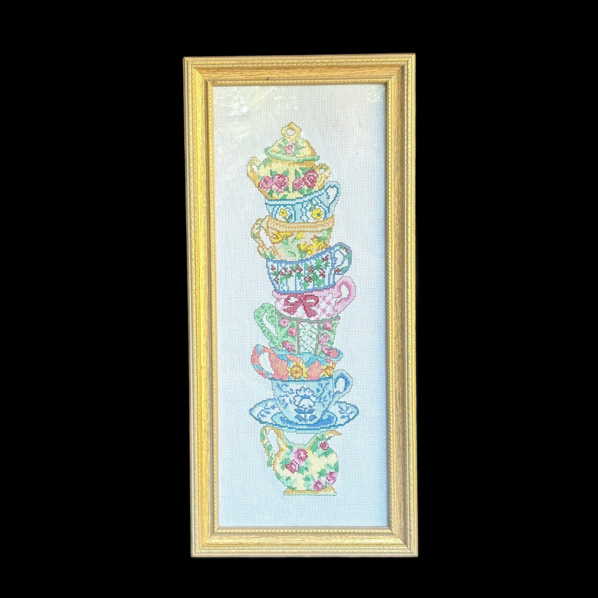 Framed Needlework Stacked Colorful Tea Cups Wall Hanger Cross Stitch