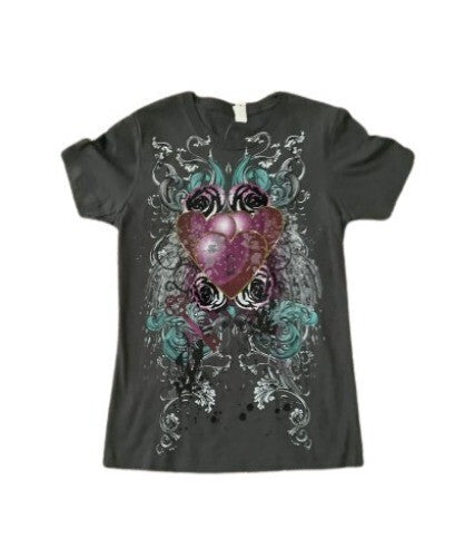 Next Level T-Shirt ABSTRACT Hearts & Flowers Graphic Neck Gray Tee MD Cotton Top