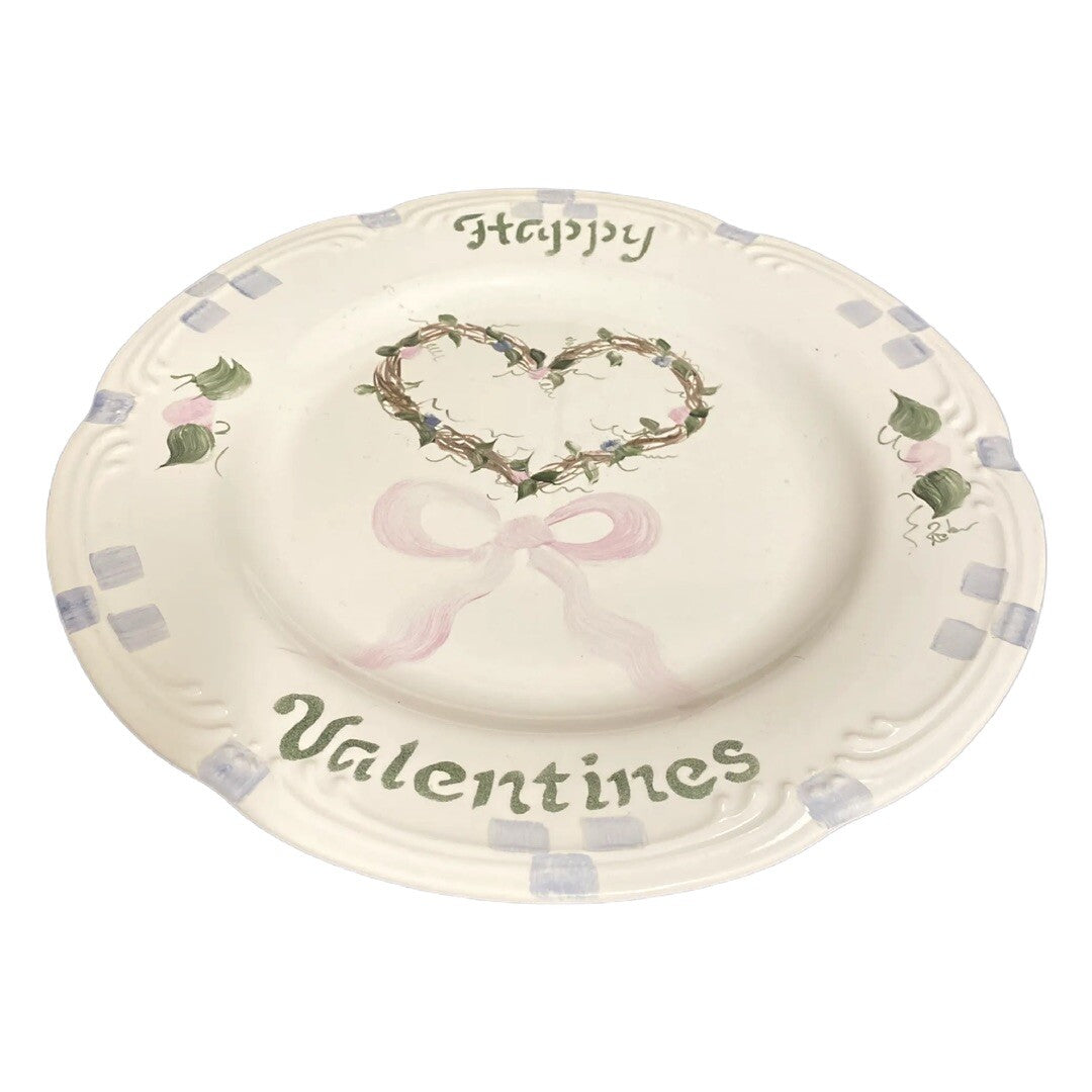 Pfaltzgraff Happy Valentines 10.5” Dinner Plate Heart Wreath Pink Bow