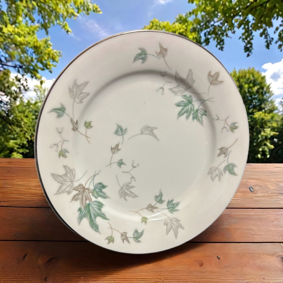 Noritake Greenwood 4-Salad Plates Dessert Dishes # 5769 Leaves Silver Trim Japan