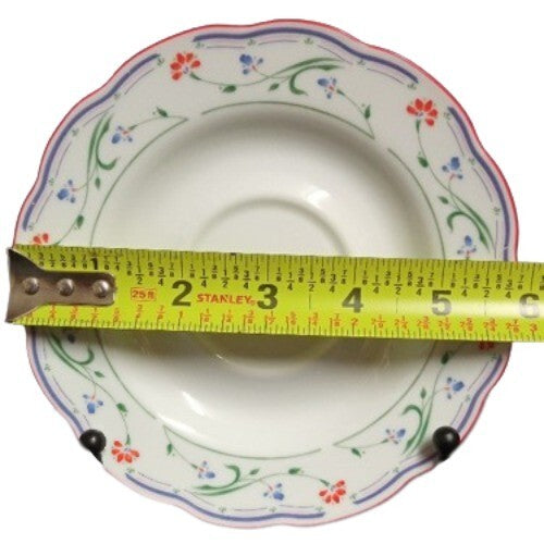 Gibson Designs GRACE 6-Saucers 5 7/8" D Blue Red Flowers Green & Blue Lines