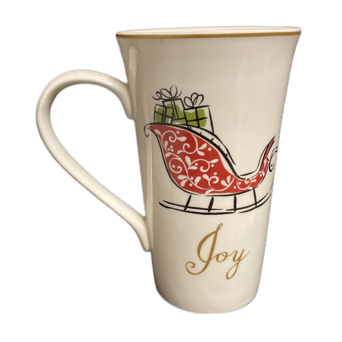 222 Fifth NATALA 3-Latte Mug Cardinal Christmas Tree Sleigh Peace Joy Noel Gold