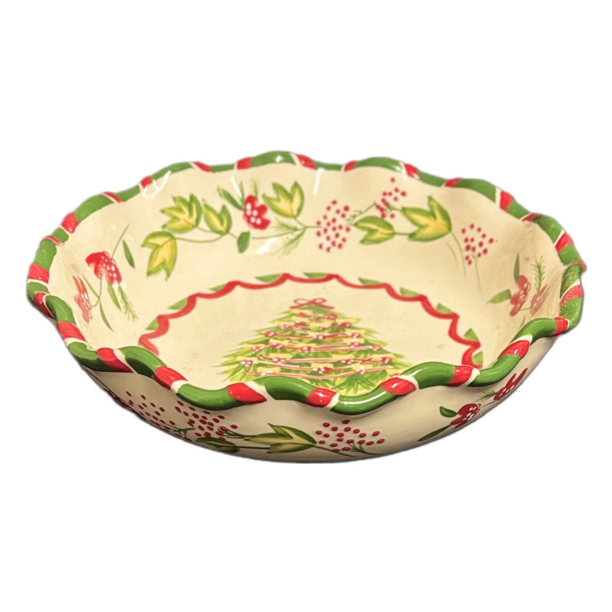 BOSTON WAREHOUSE Serving Bowl Scalloped Christmas Tree Floral Red Green Dish
