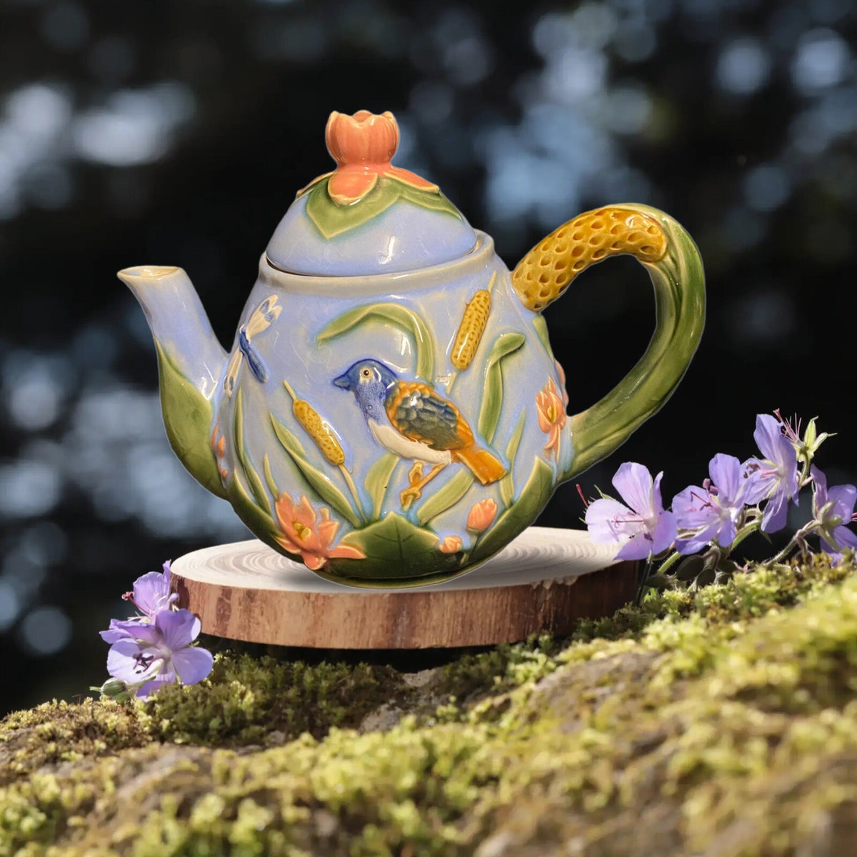 MAJOLICA Teapot Dragonflies Birds Lotus Blossom Flowers Blue Pottery Embossed