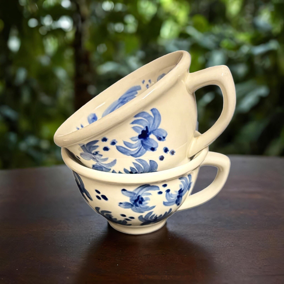 Hand Painted Collection 2-Mugs Tabletops Unlimited Blue Floral Coffee Tea Cups