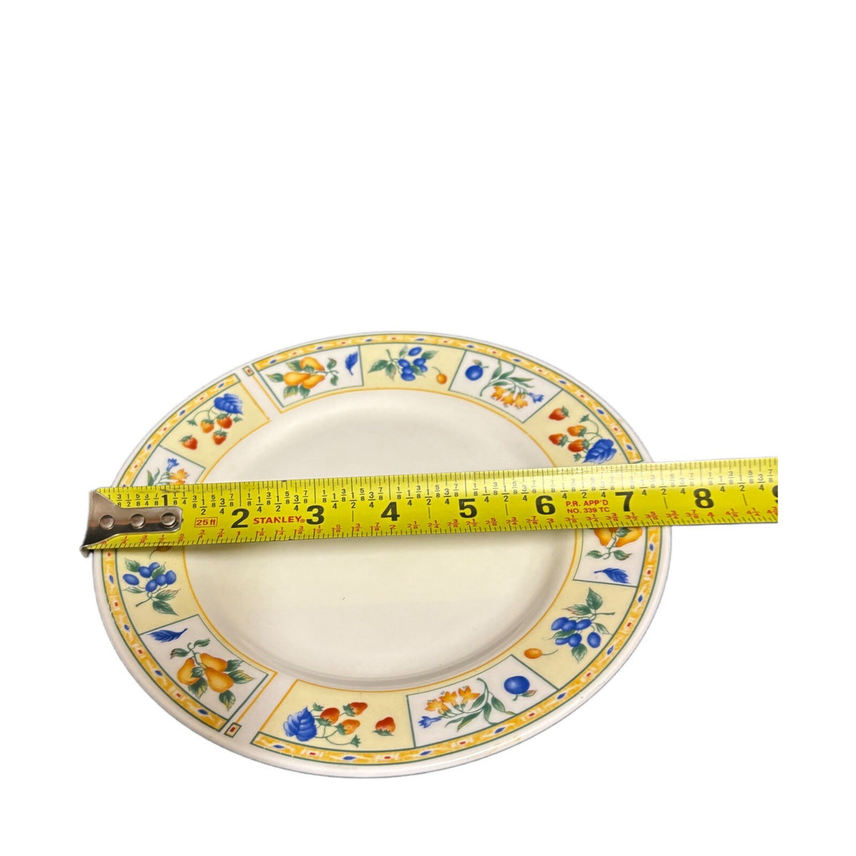 Gibson Designs FRUIT A PLENTY 4-Salad Plates Fruits Yellow Border Dessert Dish