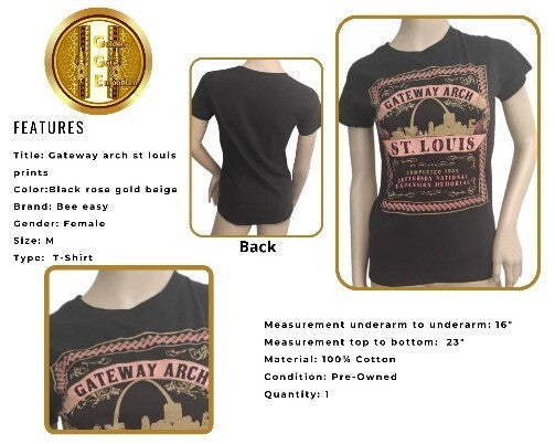 T-Shirt BEE EASY Gateway Arch Saint Louis Prints Black M. Crew Neck Black Top