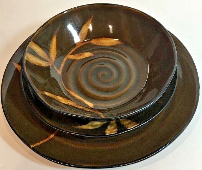 Pier 1 Imports DAKARA Brown 3 Pc. Place Setting Hand Painted Stoneware Set for 1