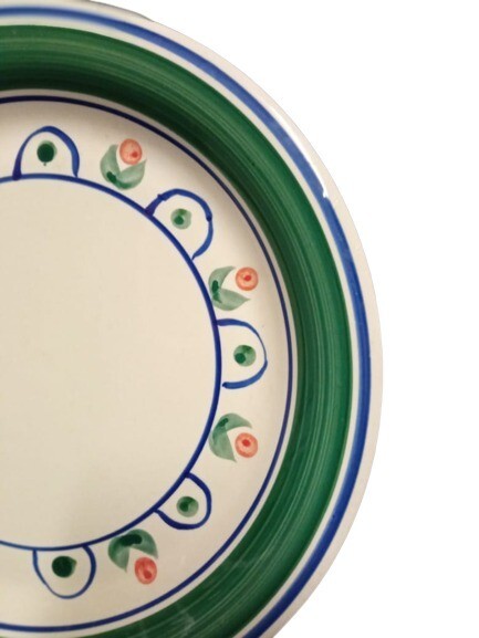 Gibson Designs PRIMROSE 4-Dinner Plates 10 ½”  Floral Blue Green Bands Ceramic