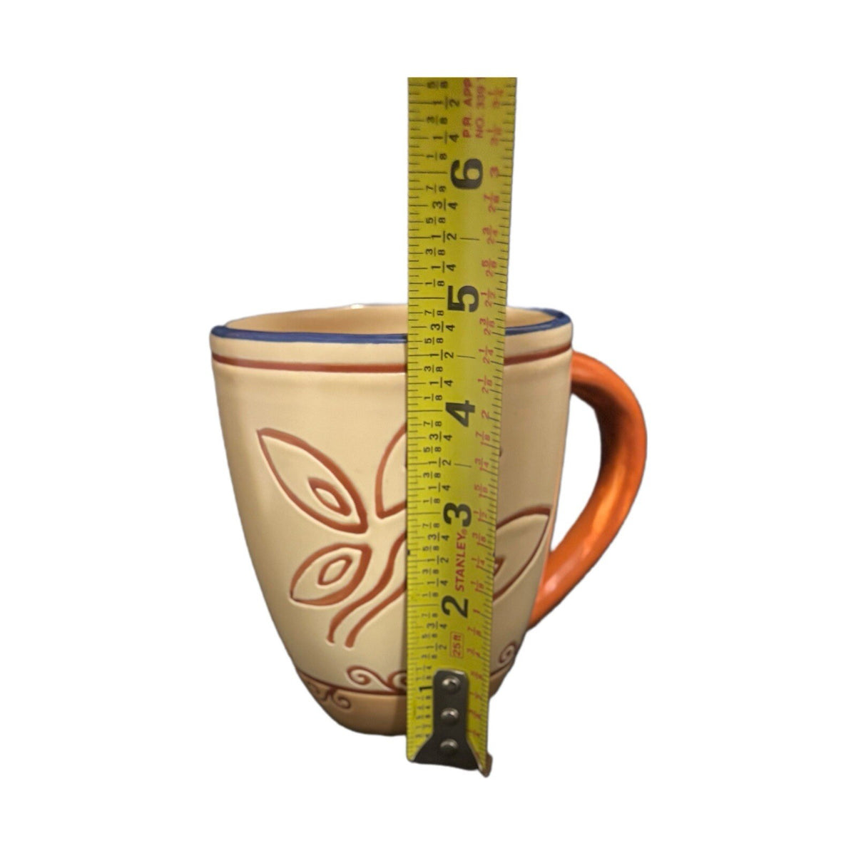 Pfaltzgraff TIMBUKTU 2-Mugs Ceramic Coffee Tea Cups Blue Trim Orange Handle
