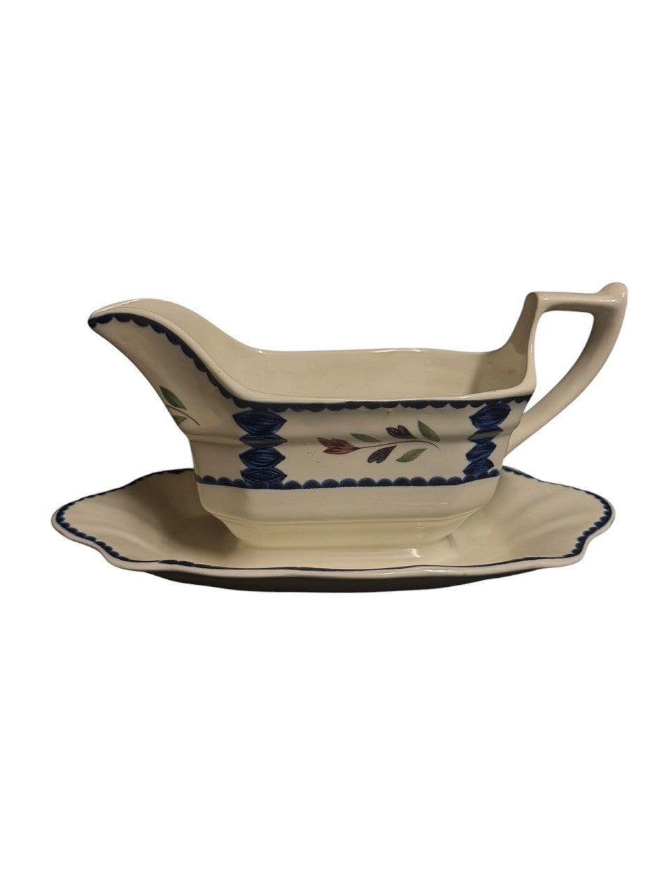 Vintage Adams Lancaster Ironstone Gravy Boat w/ Attached Underplate England