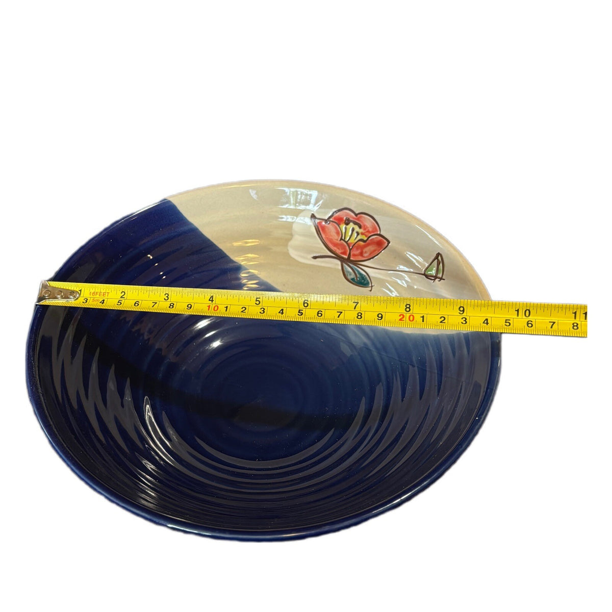 WCL Pottery Serving Bowl Lotus Floral Accent Blue Cream Vegetables Pasta Dish