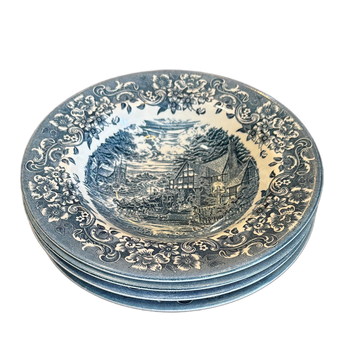 Staffordshire 4-Rim Soup Bowls Engravings 17th Century Blue 8.5"D