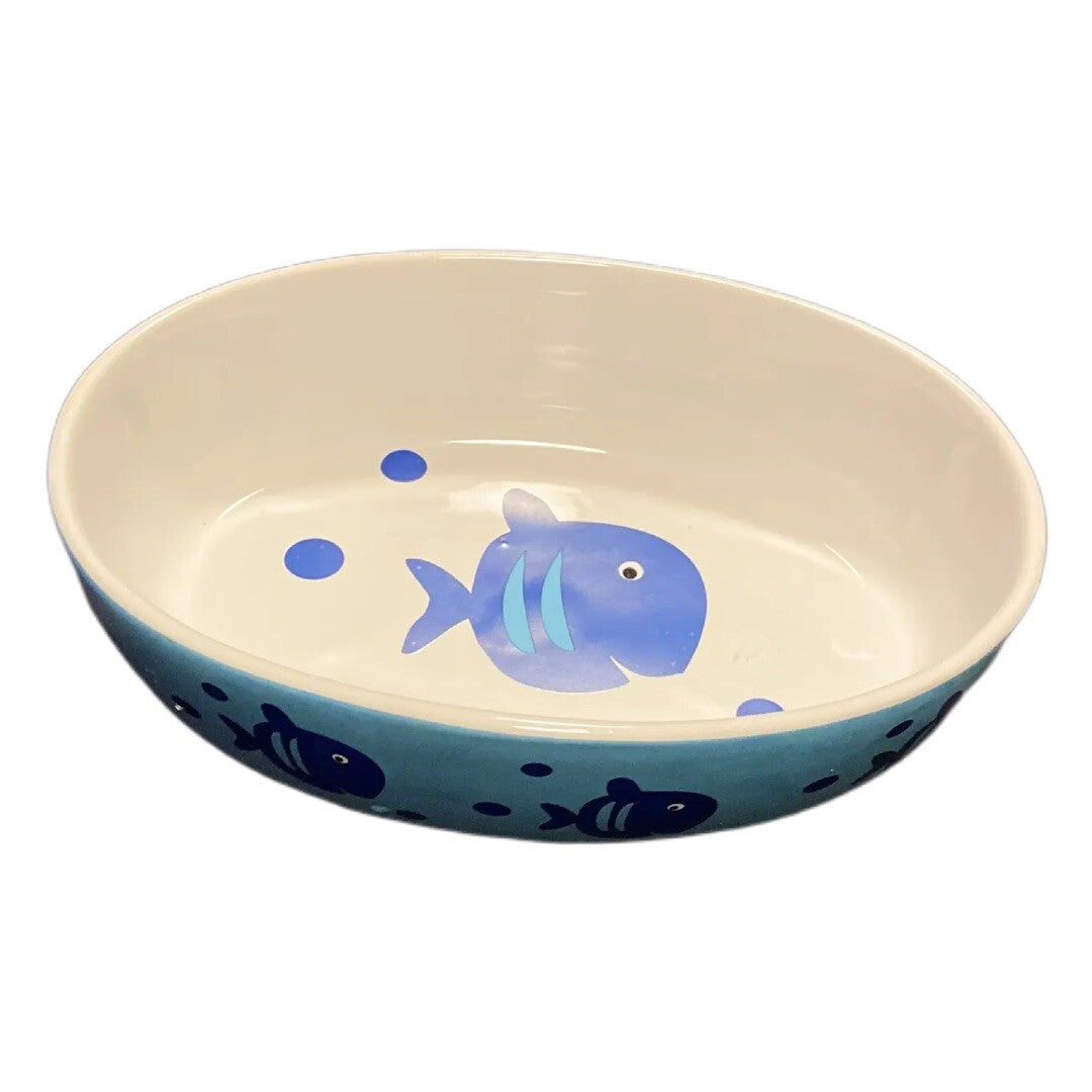 PetRageous Designs Oval Cat Bowl HandCrafted Stoneware Food Water Dish Blue Fish
