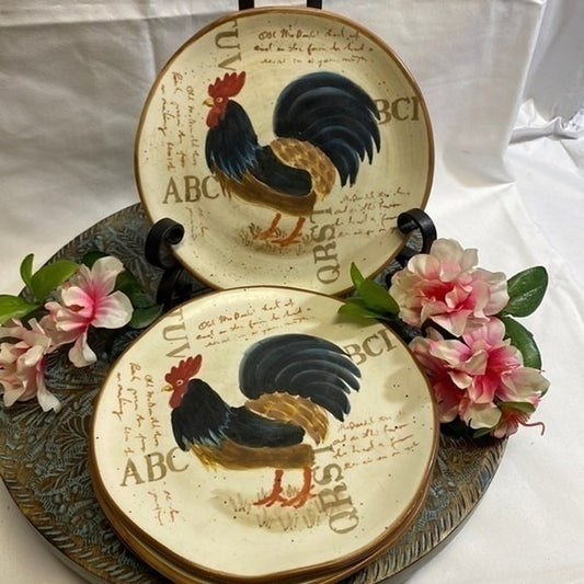 Vintage Rooster 4 Brown Beige Salad/Dessert Free Form Ceramic Plates 8 1/4”D