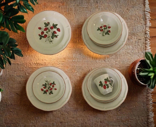 5pc Fruit Garden Strawberry Stoneware Dinner Plate Bowl Cup Saucer Set For 1