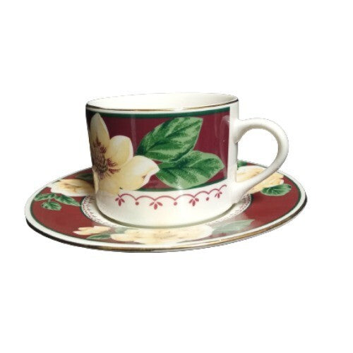 Gibson Designs Magnolia Bloom • Set of 4 Cups & Saucers • Floral Ceramic