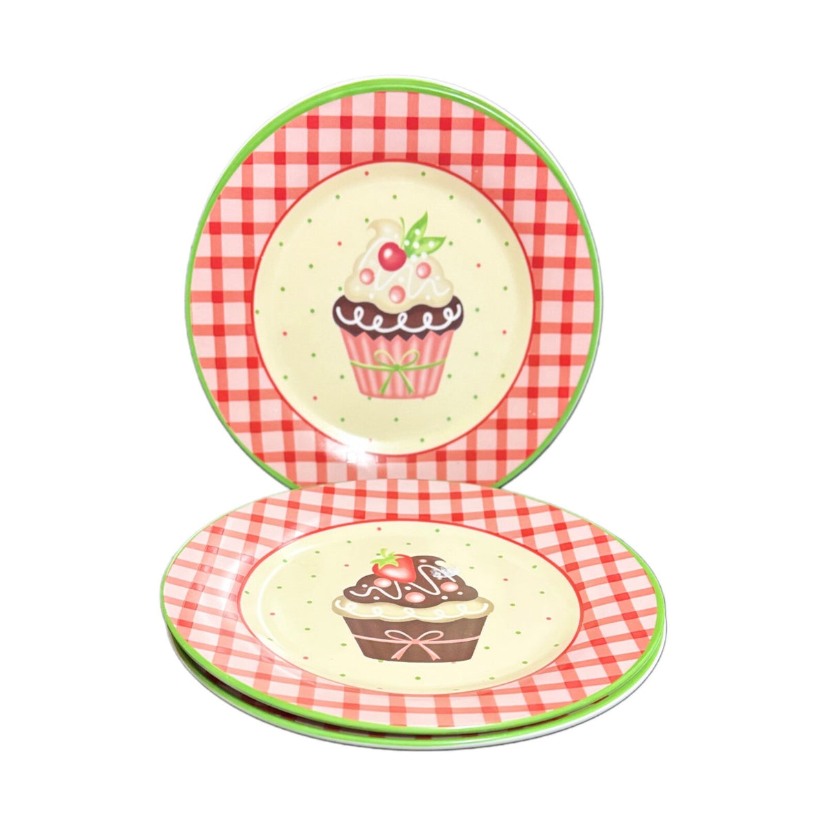 TRISA 4-Dessert Plates Sweets Birthday Cupcake Party Plate Checkered Border 8”D