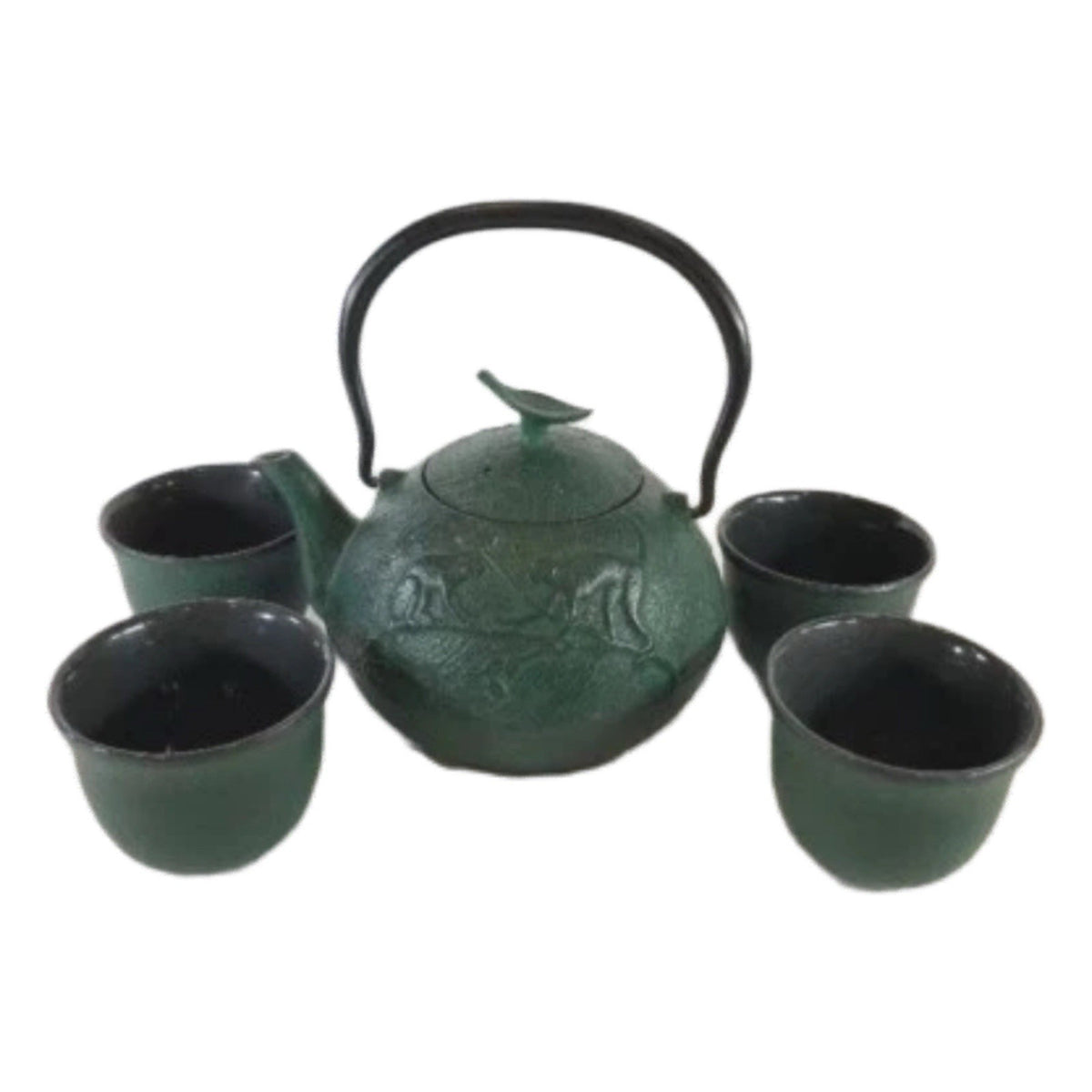 Japanese Cast Iron Teapot Set w/ 4 Cups Green Monkey & Bamboo Enamel Interior