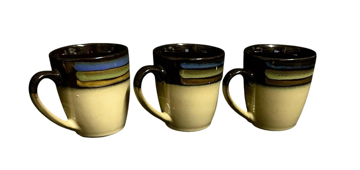 Pfaltzgraff Galaxy Stoneware Coffee Mugs Set of 3 Tan Multicolor Striped 12 Oz.