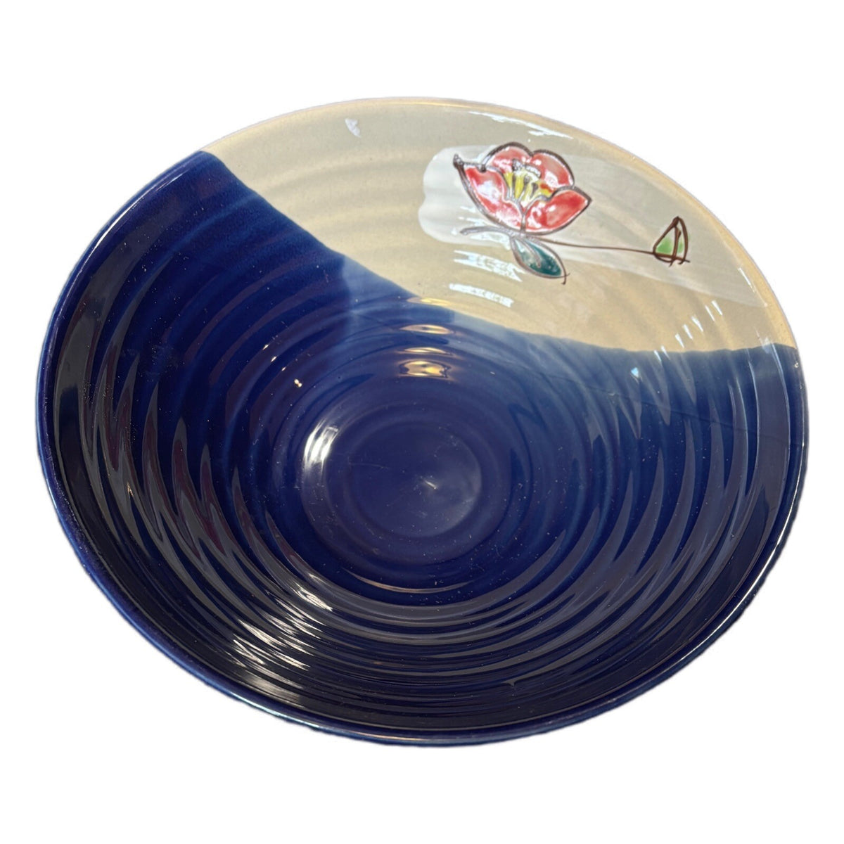 WCL Pottery Serving Bowl Lotus Floral Accent Blue Cream Vegetables Pasta Dish