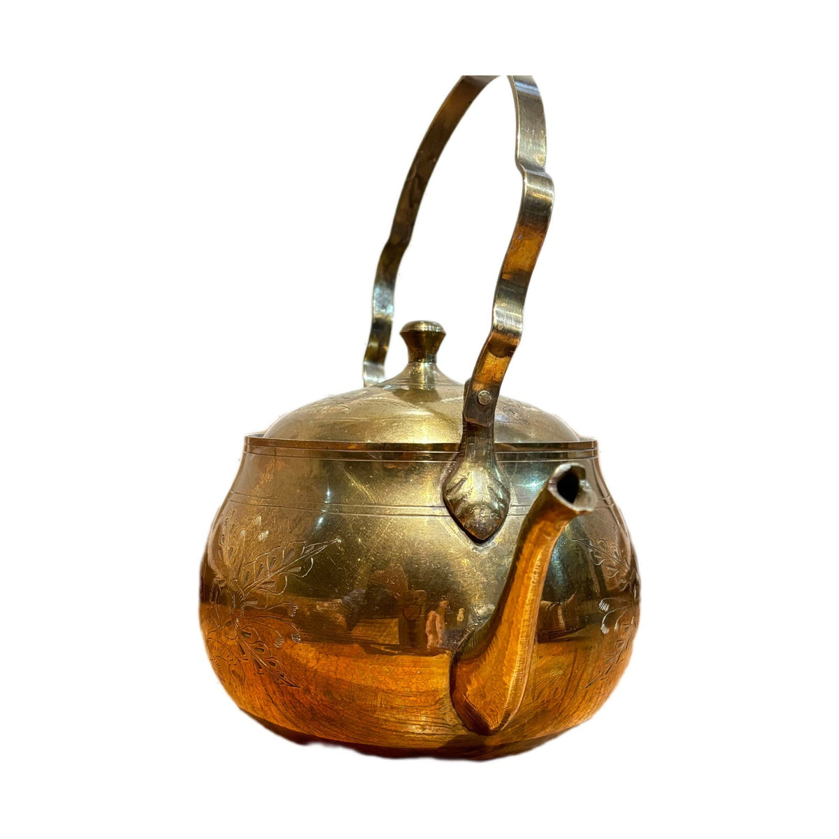Vintage Solid Brass Teapot Kettle & lid Etched Floral Folding Handle India
