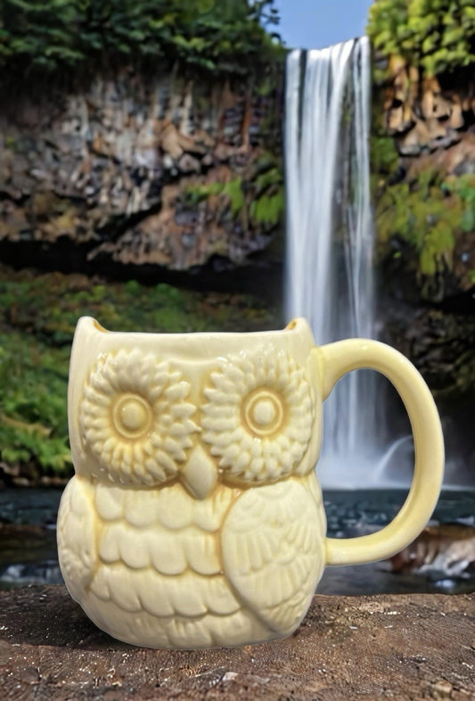 Magenta Owl Mug Yellow Ceramic 3D Embossed Bird Shaped Cup Cottagecore Boho 5"H
