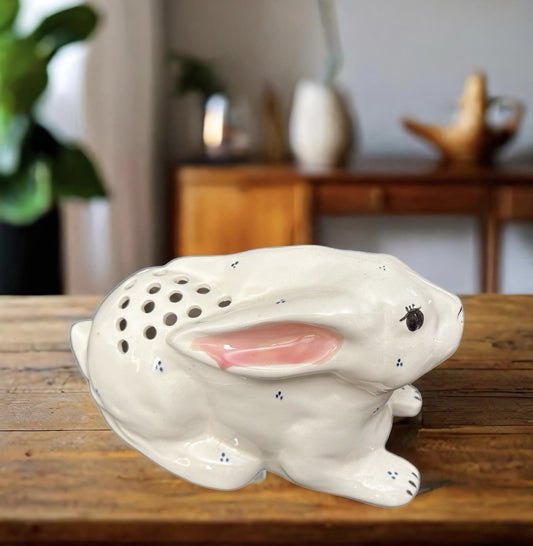 Levine Inc. Ceramic Bunny Potpourri Holder — White, Pink Ears (1980s, Vintage)