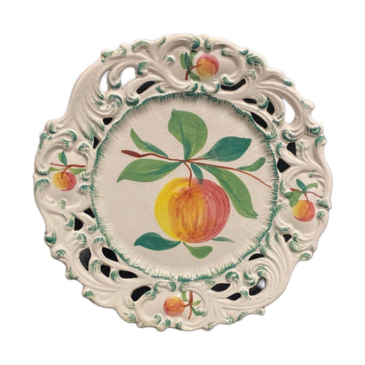ITALIAN Pottery Accent Plate Hand Painted Peach Fruit Reticulated Signed # 9448