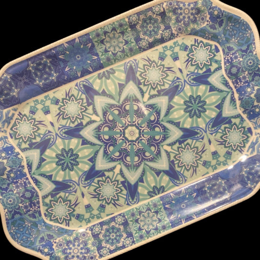 Baci Milano Melamine Serving Tray Medallion Blue Tile Scalloped White Border