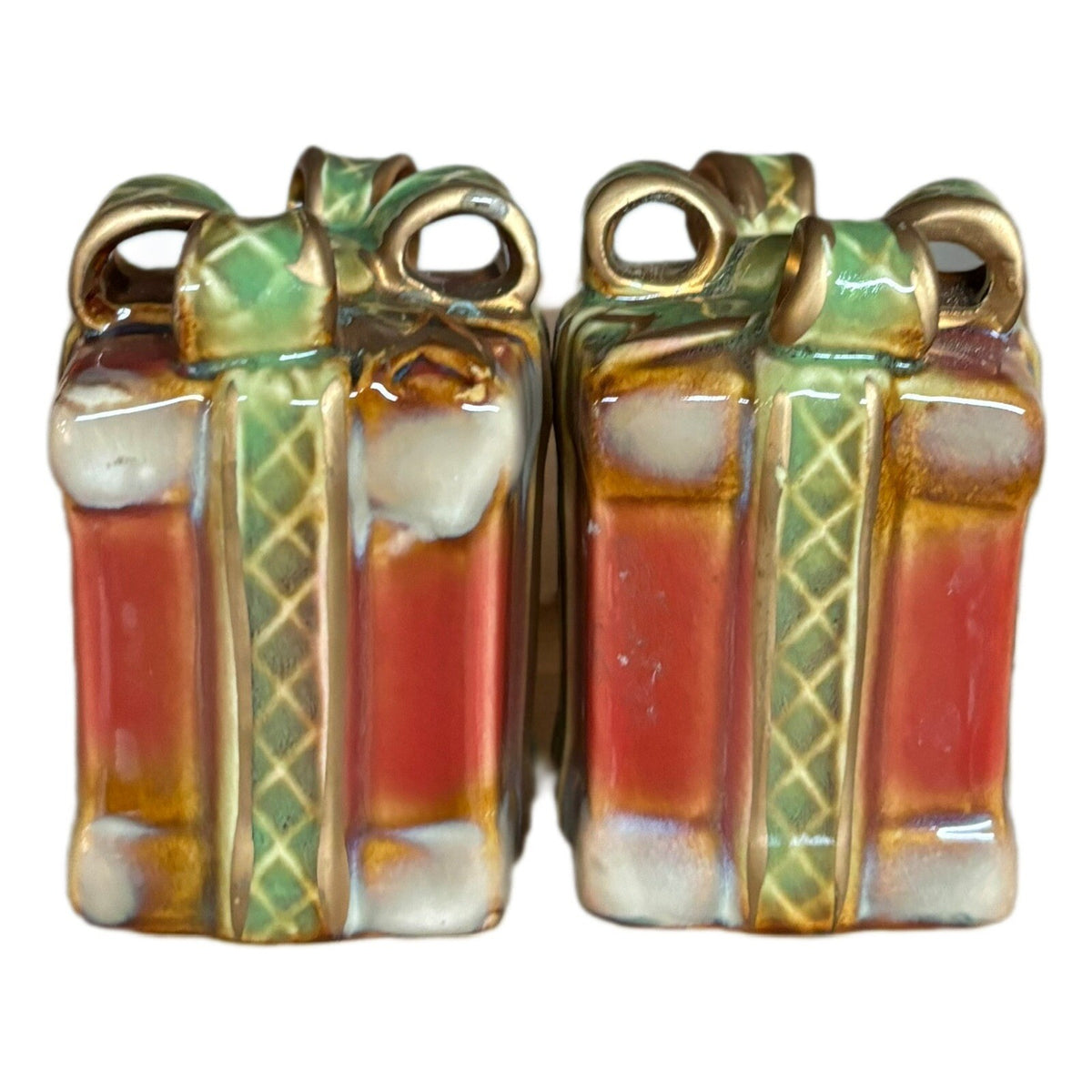 Christmas Salt Pepper Shakers Gift Packages Drip Glaze Ceramic Presents Vintage 