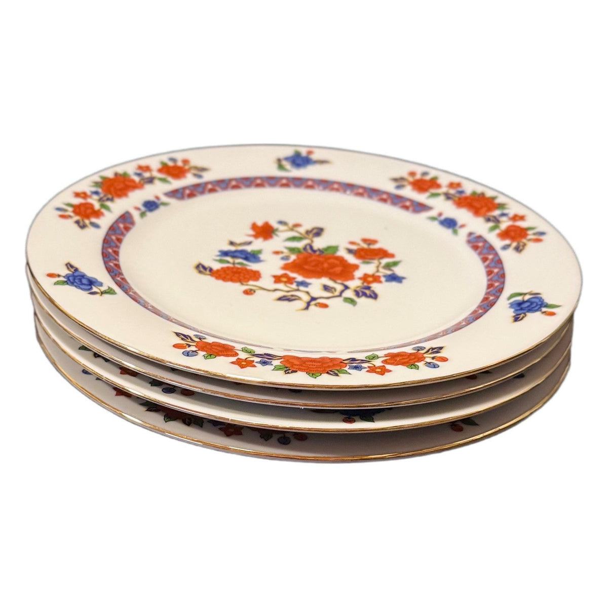 4 CROWN MING OLD IMARI Dinner Plates 10.5” Jian Shiang China Faded Gold Trim