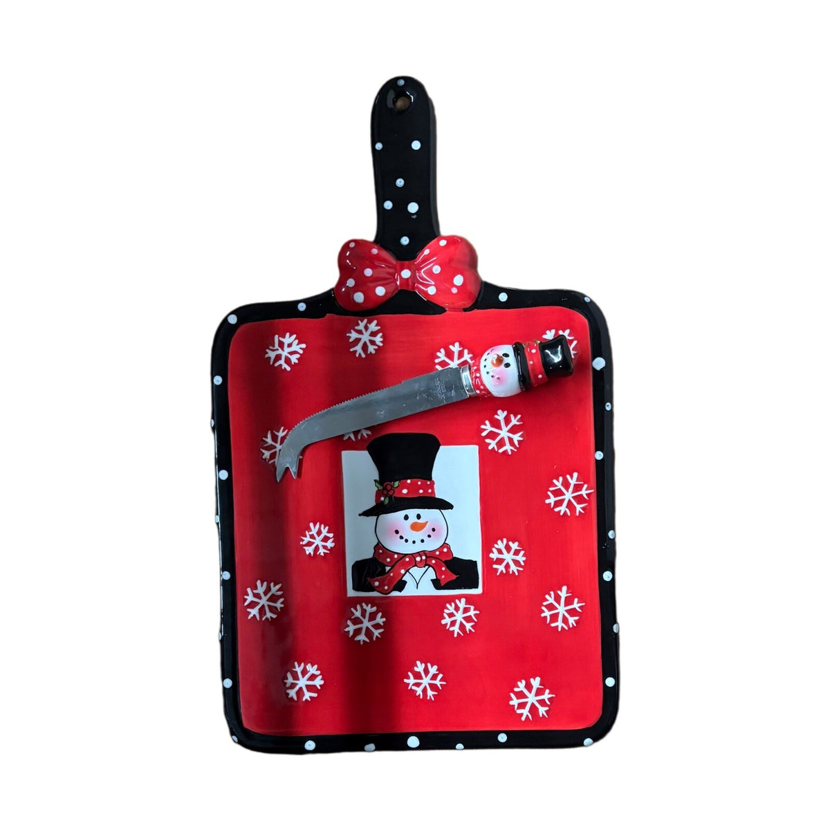 PIL Cheese Board & Knife Slicer Winter Christmas Charcuterie Tuxedo Snowman Red