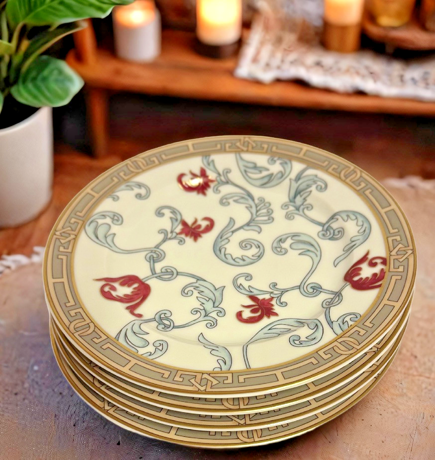 SAN MARINO Italy 4-Dessert  Plates Floral Red Tulip Gold Accent Salad Appetizer