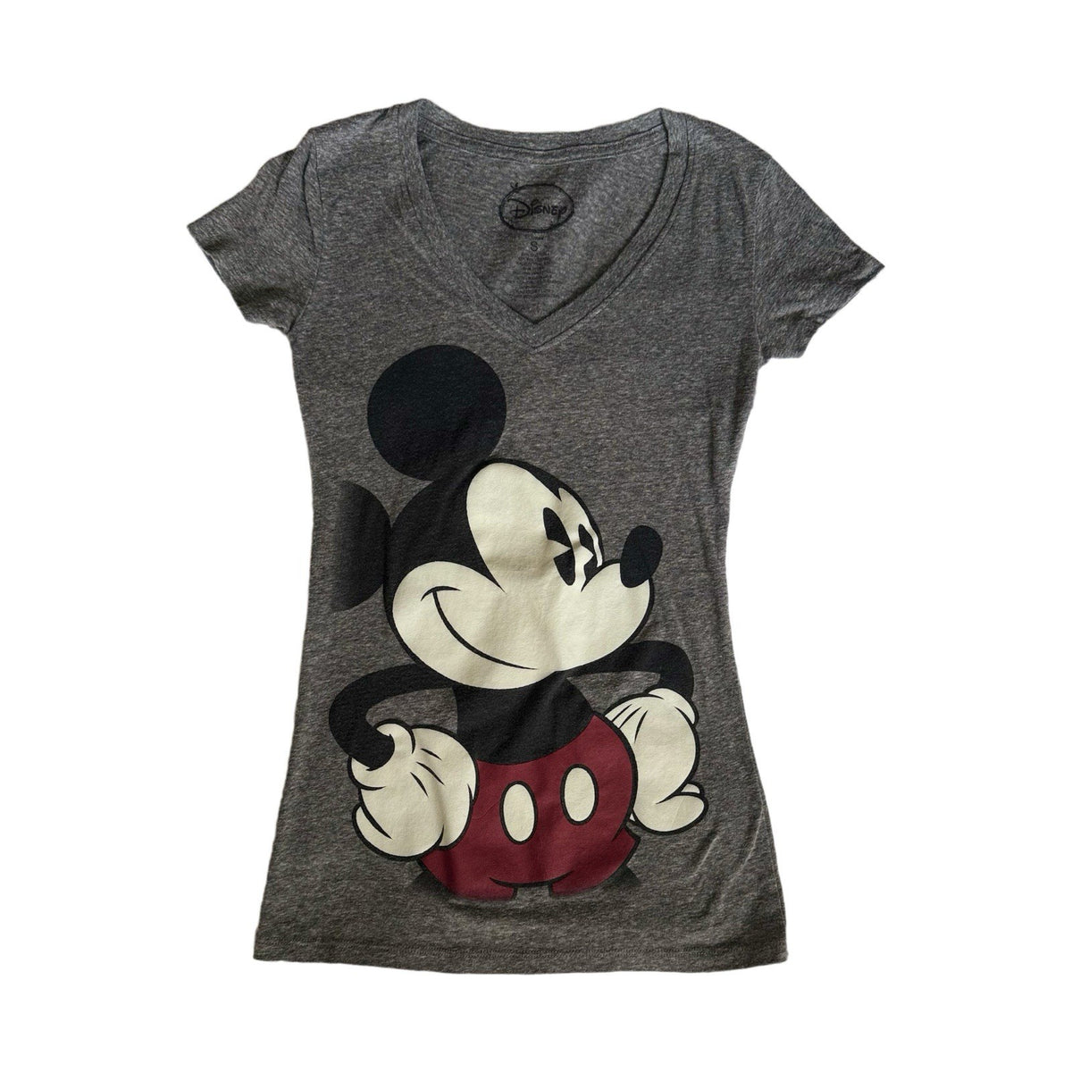 Disney Mickey Mouse Gray V-Neck T-Shirt Women’s Small Graphic Tee Classic S