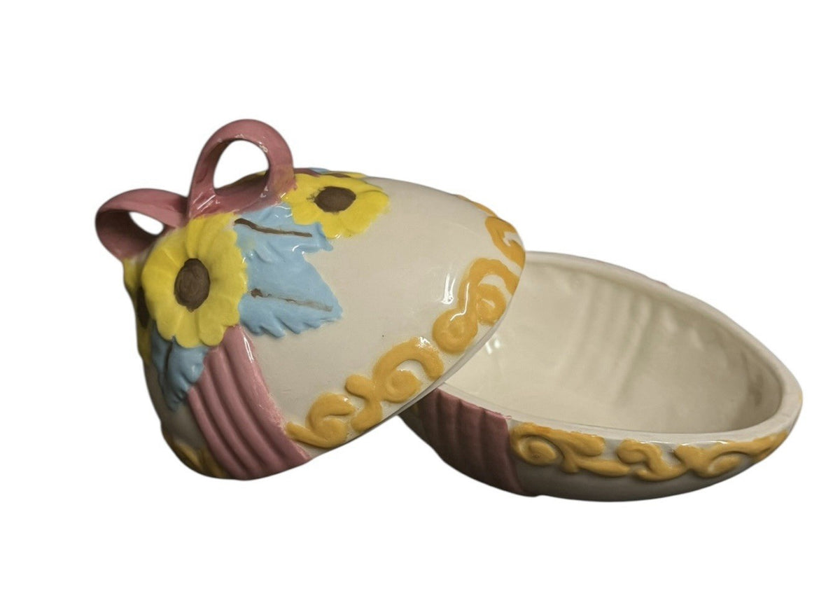 Vintage Ceramic Easter Egg Candy Dish Lidded Trinket Box Hand Painted Floral