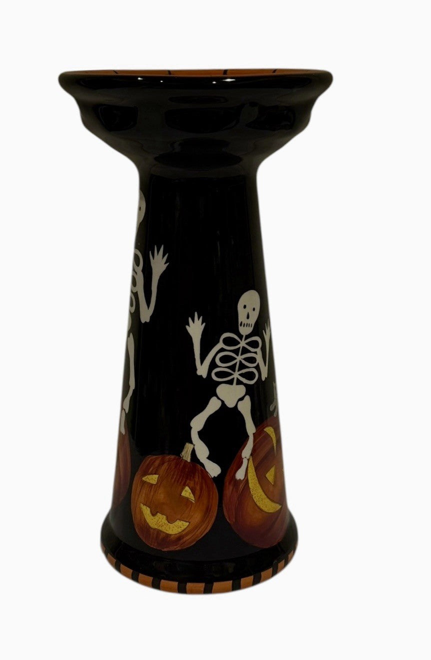 Gates Ware Halloween Skeleton Pumpkin Candy Bowl 11” Pedestal Spiderweb Ceramic