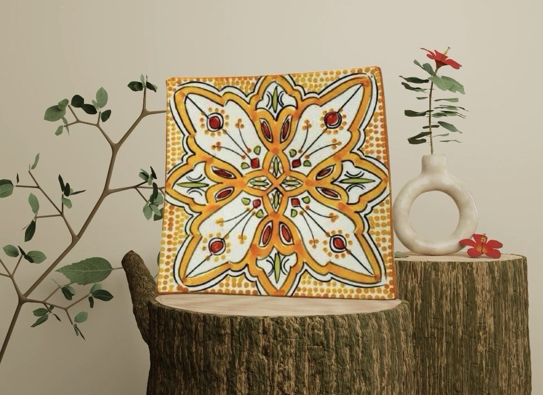 Handmade Moroccan Orange Pottery 4-Plates 6.5” D Square Salad Bread Appetizer