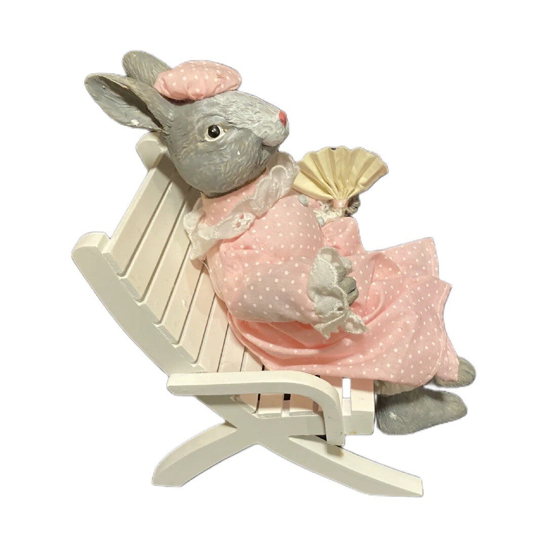 Silvestri Bunny Figurine Seated On Wooden Chair Rabbit Pink Dress Fan On Hand