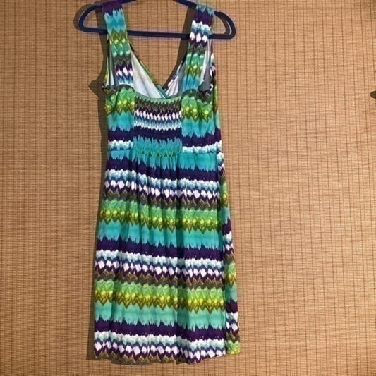 Zen knits colorful faux wrap midi dress rouched elastic back size M Spandex