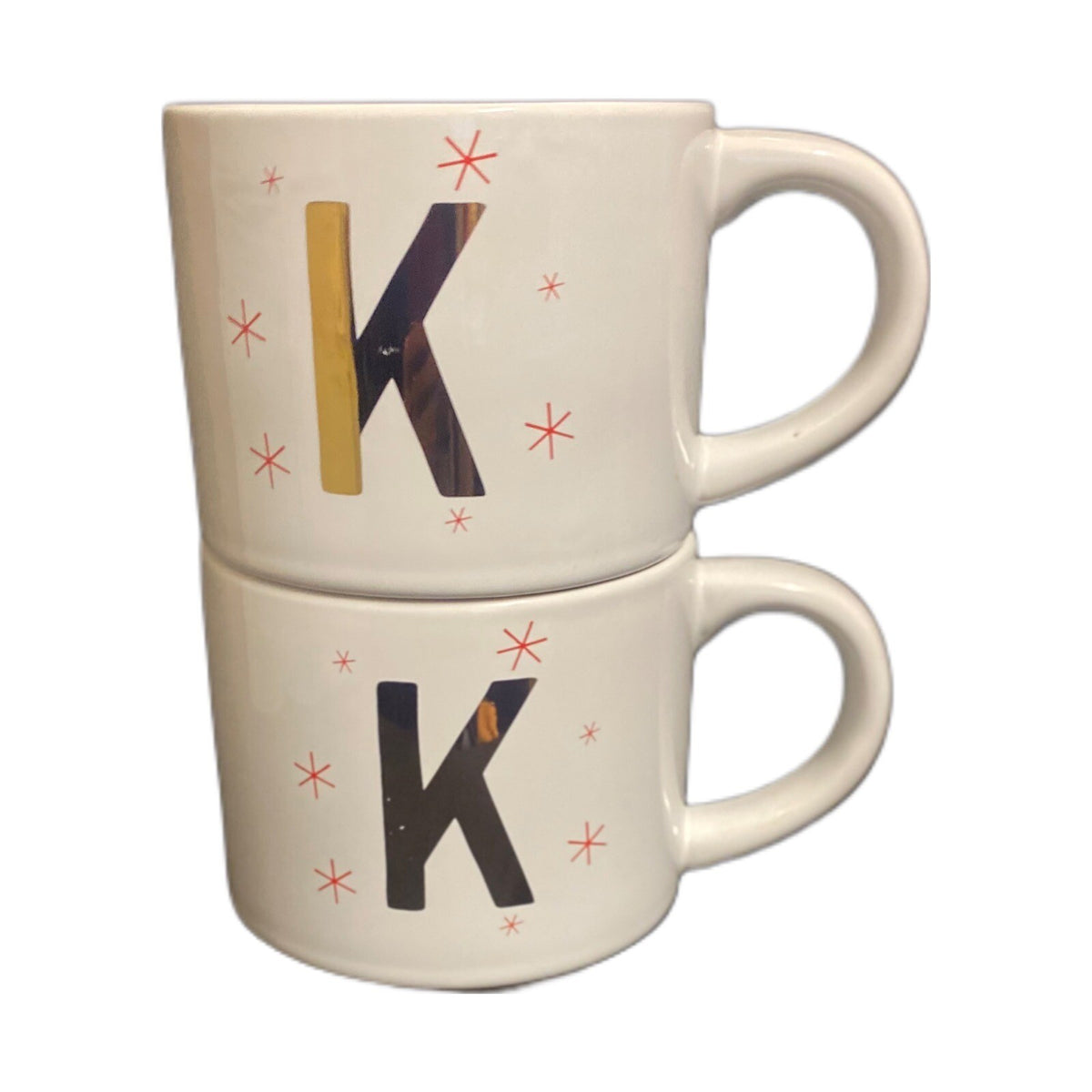 Threshold Monogram K 2-Mugs Gold Letter & Winter Red Starburst Coffee Tea Cup