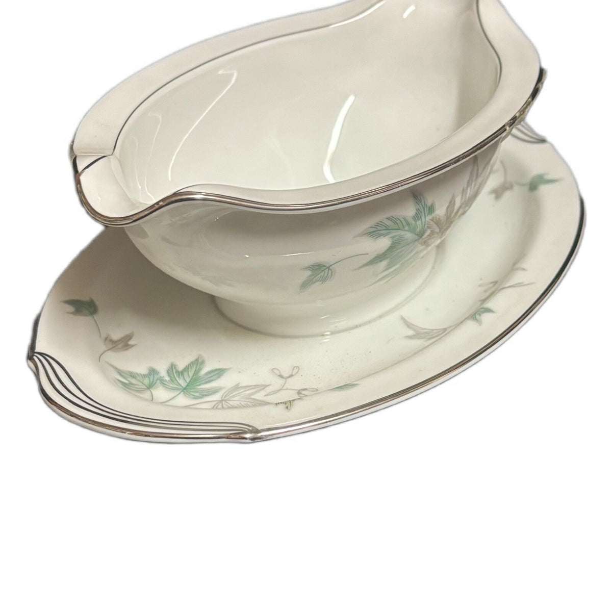 Noritake Greenwood Gravy Boat Condiment Dish Leaves Silver Trim Japan 5769
