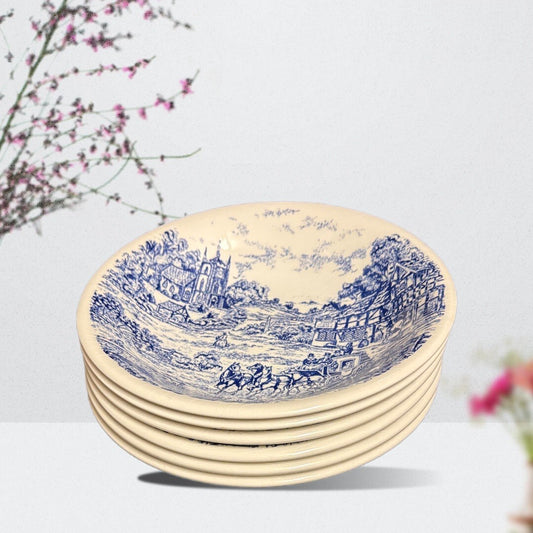 6 Andina Ecuador Blue Scenic Bowls – Country Cottage Ceramic Soup or Cereal