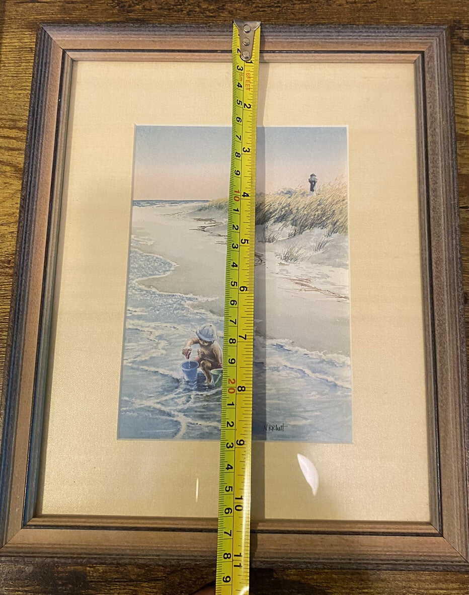 Nancy Ricker Rhett Signed Watercolor Print Child at Beach 11 x 9.5 Inches Framed